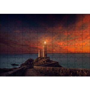 Deniz Feneri, Günbatımı Ve Kızıl Gökler Puzzle Yapboz Mdf Ahşap 120 Parça