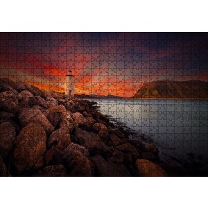 Deniz Feneri, Alacakaranlık Ve Kayalıklar Puzzle Yapboz Mdf Ahşap 500 Parça