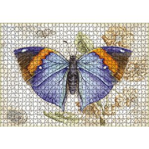 Kartpostal Üstünde Mavi Kelebek Puzzle Yapboz Mdf Ahşap 1000 Parça