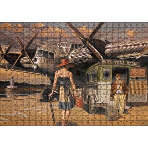 Eski Uçak Deniz Feneri Ve Genç Kadın Yolcu Puzzle Yapboz Mdf Ahşap 500 Parça