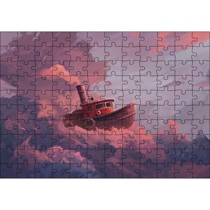 Şirin Balıkçı Teknesi Ve Mor Pembe Bulutlar Puzzle Yapboz Mdf Ahşap 120 Parça