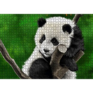 Dala Sarılmış Sevimli Panda Dijital Çizim Puzzle Yapboz Mdf Ahşap 1000 Parça