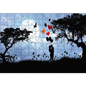 Sevgililer Doğa Balon Kalp Puzzle Yapboz Mdf Ahşap 120 Parça