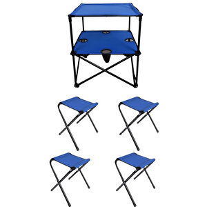 4 Adet Katlanır Balıkçı Taburesi Kamp Sandalyesi Ve 58x58 Rejisör Kamp Masası Çantalı Kamp Seti - Mavi