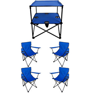 4 Adet Katlanır Kamp Sandalyesi Ve 1 Adet 58x58 Rejisör Kamp Masası Çantalı Kamp Seti - Mavi
