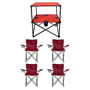 4 Adet Katlanır Kamp Sandalyesi Ve 1 Adet 58x58 Rejisör Kamp Masası Çantalı Kamp Seti - Kırmızı