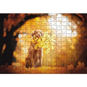 Golden Retriever Sonbahar Yaprakları Puzzle Yapboz Mdf Ahşap 255 Parça