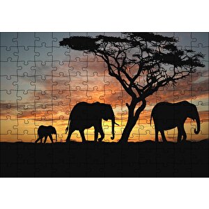 Afrika Günbatımı'nda Filler Puzzle Yapboz Mdf Ahşap 120 Parça
