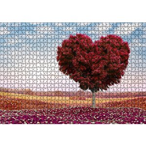 Kalp Şeklinde Ağaç Kızıl Yapraklar Puzzle Yapboz Mdf Ahşap 1000 Parça