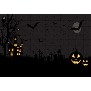 Halloween'de Dolunay Puzzle Yapboz Mdf Ahşap 120 Parça