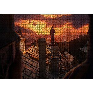Çatıdan Sıcak Hava Balonları, Günbatımı Ve Şehir Manzarası Puzzle Yapboz Mdf Ahşap 1000 Parça