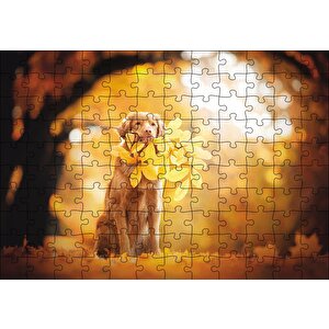 Golden Retriever Sonbahar Yaprakları Puzzle Yapboz Mdf Ahşap 120 Parça