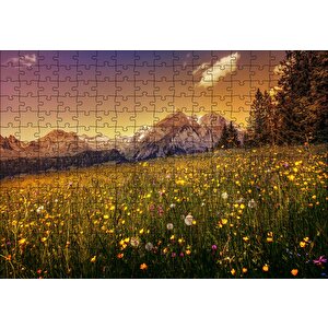 Karlı Zirveler Ve Karahindiba Çiçekleri Puzzle Yapboz Mdf Ahşap 255 Parça