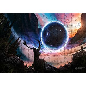 Geyik Gezegen Dağlar Fantezik Kompozisyon Puzzle Yapboz Mdf Ahşap 120 Parça