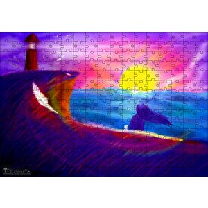 Deniz Feneri, Günbatımı, Kadın Ve Kedi Puzzle Yapboz Mdf Ahşap 255 Parça