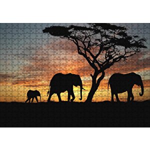 Afrika Günbatımı'nda Filler Puzzle Yapboz Mdf Ahşap 500 Parça