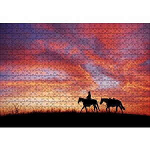 Günbatım Kovboy Ve İki At Silüeti Puzzle Yapboz Mdf Ahşap 500 Parça