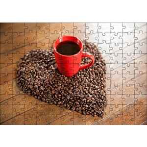 Kalp Şeklinde Kahve Çekirdekleri Ve Kırmızı Fincanda Kahve Puzzle Yapboz Mdf Ahşap 120 Parça