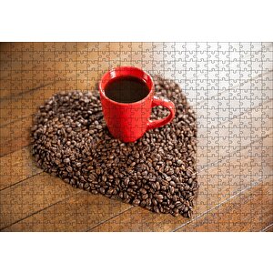 Cakapuzzle  Kalp Şeklinde Kahve Çekirdekleri Ve Kırmızı Fincanda Kahve Puzzle Yapboz Mdf Ahşap