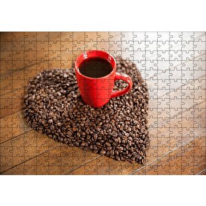 Kalp Şeklinde Kahve Çekirdekleri Ve Kırmızı Fincanda Kahve Puzzle Yapboz Mdf Ahşap 255 Parça