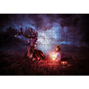 Gece, Geyik Ve Sevimli Kız Puzzle Yapboz Mdf Ahşap 120 Parça