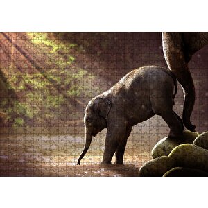 Yavru Fil Nehir Ve Güneş Işınları Puzzle Yapboz Mdf Ahşap 500 Parça