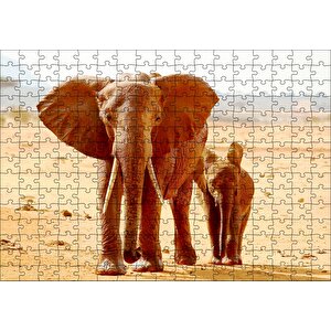 Afrika Savanada Anne Fil Ve Yavrusu Puzzle Yapboz Mdf Ahşap 255 Parça