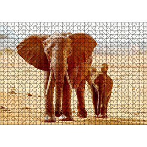 Afrika Savanada Anne Fil Ve Yavrusu Puzzle Yapboz Mdf Ahşap 1000 Parça