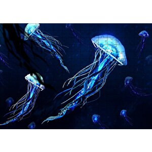 Karanlık Sular Neon Denizanaları Puzzle Yapboz Mdf Ahşap 255 Parça