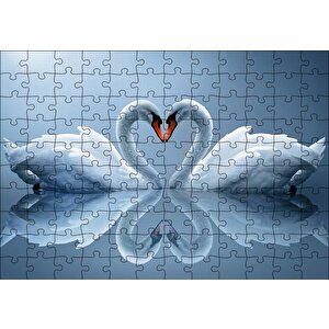Beyaz Kuğular Ve Göldeki Yansımaları Puzzle Yapboz Mdf Ahşap 120 Parça