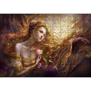 Bakır Saçlı Kadın Balıklar Ve Kırmızı Gül Puzzle Yapboz Mdf Ahşap 120 Parça
