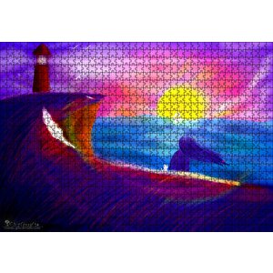 Deniz Feneri, Günbatımı, Kadın Ve Kedi Puzzle Yapboz Mdf Ahşap 1000 Parça