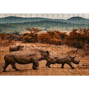 Muhteşem Boynuzlu Gergedan Ve Yavrusu Puzzle Yapboz Mdf Ahşap 255 Parça