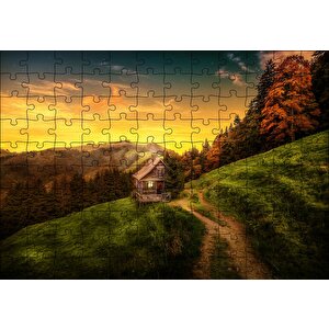 İsviçre Orman Manzaralı Dağ Evi Puzzle Yapboz Mdf Ahşap 120 Parça