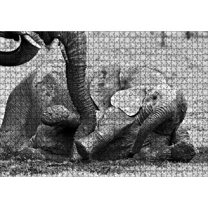 Annesiyle Çamurda Oynayan Yavru Fil Siyah Beyaz Puzzle Yapboz Mdf Ahşap 1000 Parça