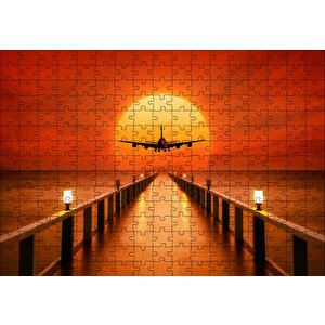 Okyanus İskele Günbatımı Ve Uçak Puzzle Yapboz Mdf Ahşap 255 Parça