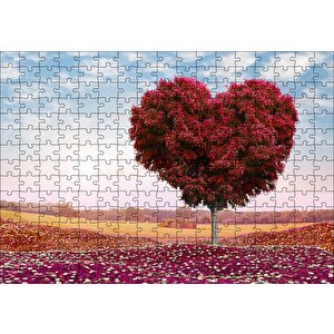 Kalp Şeklinde Ağaç Kızıl Yapraklar Puzzle Yapboz Mdf Ahşap 255 Parça