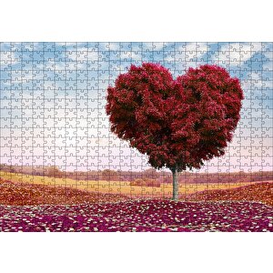 Kalp Şeklinde Ağaç Kızıl Yapraklar Puzzle Yapboz Mdf Ahşap 500 Parça