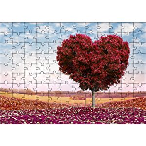 Kalp Şeklinde Ağaç Kızıl Yapraklar Puzzle Yapboz Mdf Ahşap 120 Parça