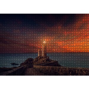 Deniz Feneri, Günbatımı Ve Kızıl Gökler Puzzle Yapboz Mdf Ahşap 1000 Parça