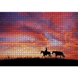 Günbatım Kovboy Ve İki At Silüeti Puzzle Yapboz Mdf Ahşap 1000 Parça