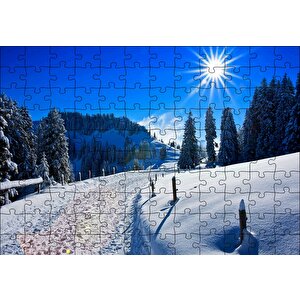 Karla Kaplı Ağaçlar Ve Zirvede Güneşli Bir Gün Puzzle Yapboz Mdf Ahşap 120 Parça