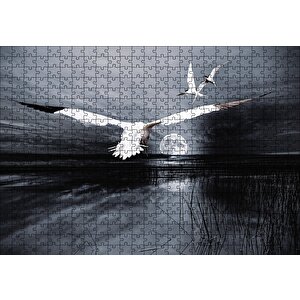 Gece Ay Göl Balıkçı Kuşları Puzzle Yapboz Mdf Ahşap 500 Parça