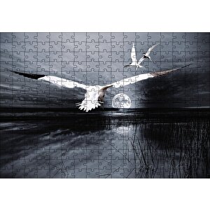 Cakapuzzle  Gece Ay Göl Balıkçı Kuşları Puzzle Yapboz Mdf Ahşap