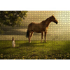 Kız Dev At Ve Çayırlar Fantastik İllüstrasyon Puzzle Yapboz Mdf Ahşap 1000 Parça