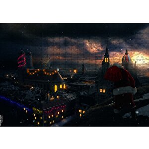 Noel Baba Ve Şehrin Gece Manzarası Puzzle Yapboz Mdf Ahşap 500 Parça