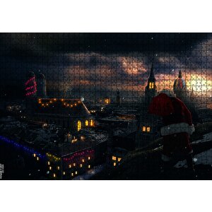 Noel Baba Ve Şehrin Gece Manzarası Puzzle Yapboz Mdf Ahşap 1000 Parça