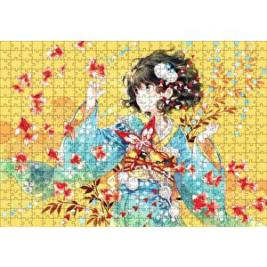 Anime Kimonolu Kız Ve Japon Balıkları Puzzle Yapboz Mdf Ahşap 500 Parça