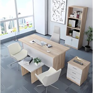 Plus 4'lü Ofis Takımı Model 7 Meşe Beyaz Montaj Dahil