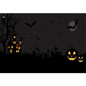 Halloween'de Dolunay Puzzle Yapboz Mdf Ahşap 500 Parça